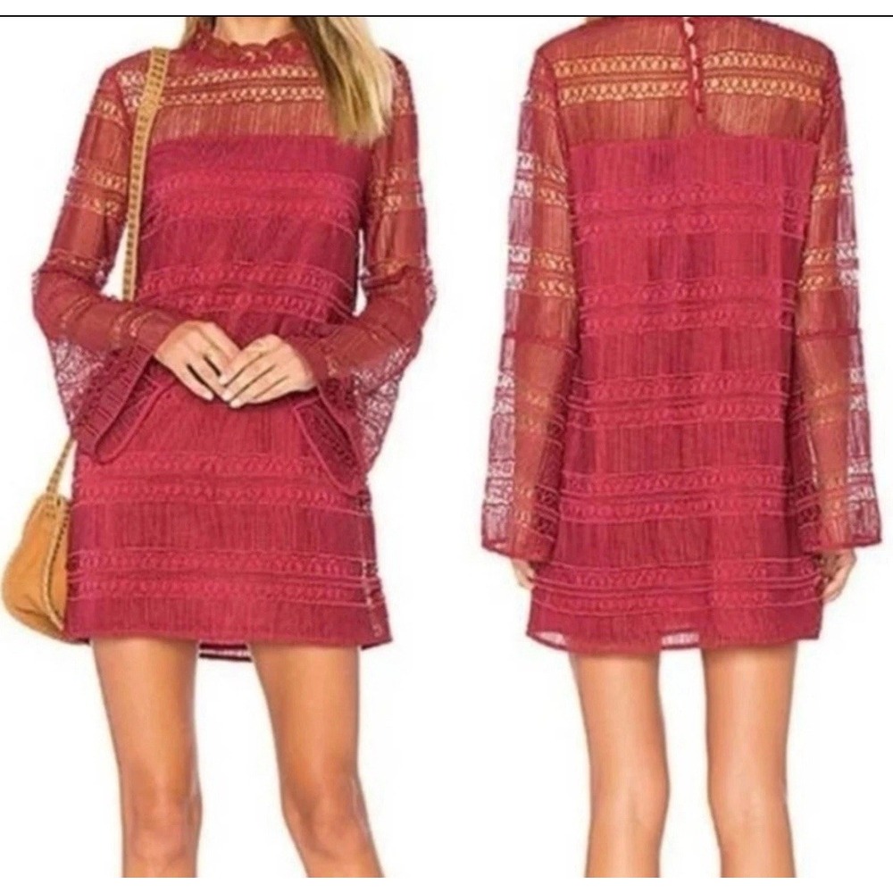 Tularosa Burgundy Eyelet Lace Bell Sleeve Mini Dress Mock Neck Wine Red Small